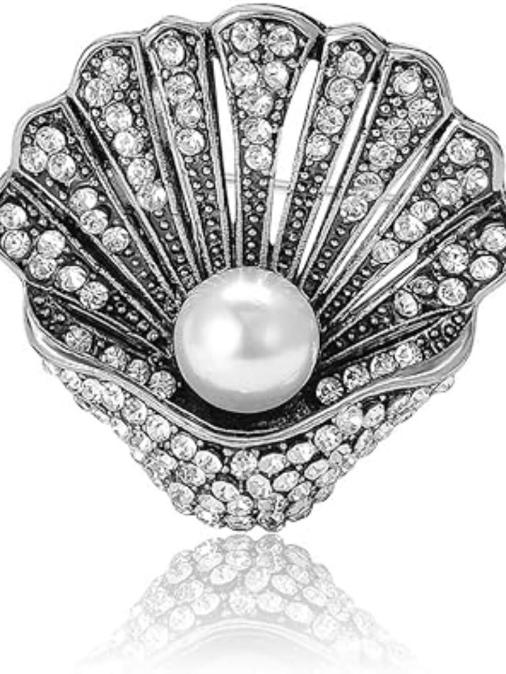 Vintage Look Seashell Lapel Pin Brooch Silver with Rhinestones and Pearl‎